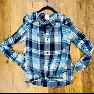 Knox Rose blue plaid tie-knot button down flannel blouse size S
